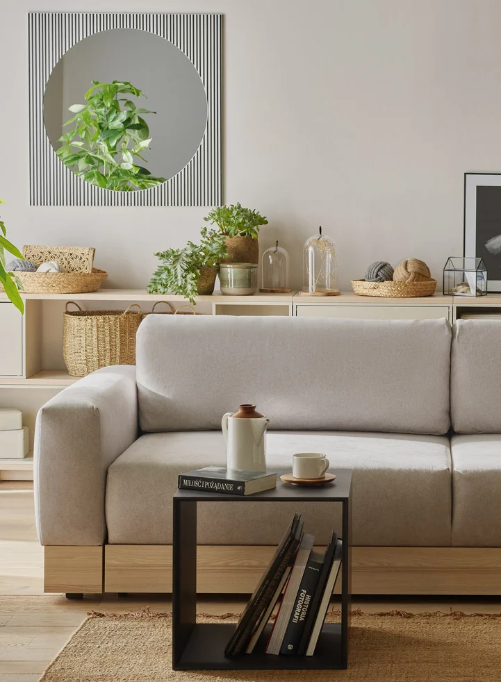 Szara sofa na jasnej, drewnianej podłodze, obok niej znajduje się czarny stolik z książkami, w przytulnym pokoju z roślinami i dekoracjami na półkach.